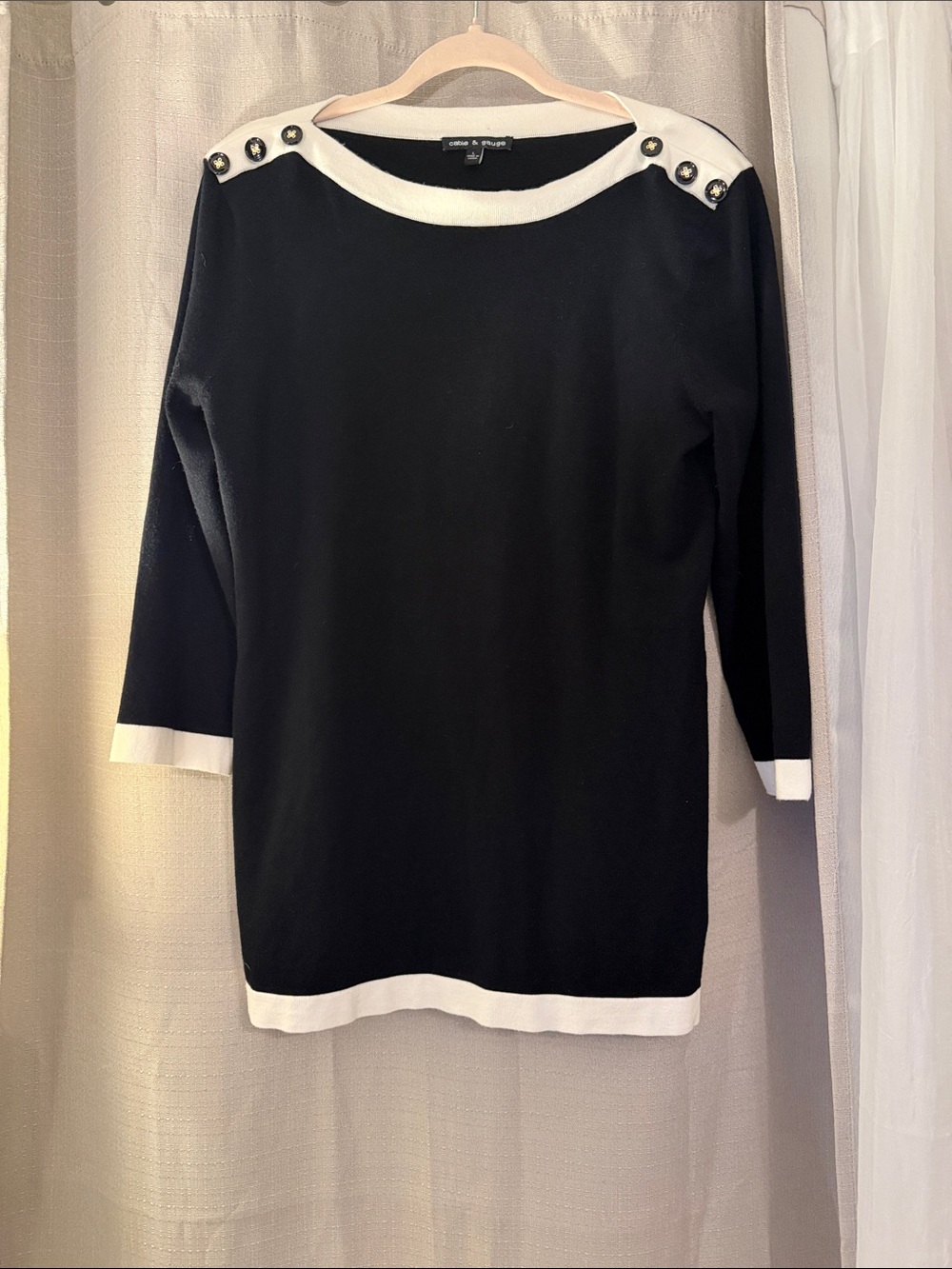 Cable & Gauge Black and White Button-Shoulder Knit Pullover